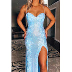 Vestido de fiesta largo con escote en forma de corazón, lentejuelas, apliques, cordones y abertura