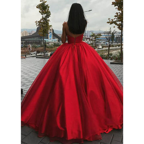 Ball Gown Red Tulle V-neck Long Prom Dress Formal Evening Gowns