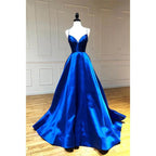 Vestido de fiesta sencillo de satén azul rey con escote en V y tirantes finos, corte A 