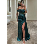 Vestido de fiesta largo con pliegues de ilusión, hombros descubiertos y satén sexy y caliente con abertura 