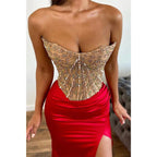 Vestido de noche para fiesta, graduación, sin tirantes, ajustado, con apliques de cuentas y abertura lateral 