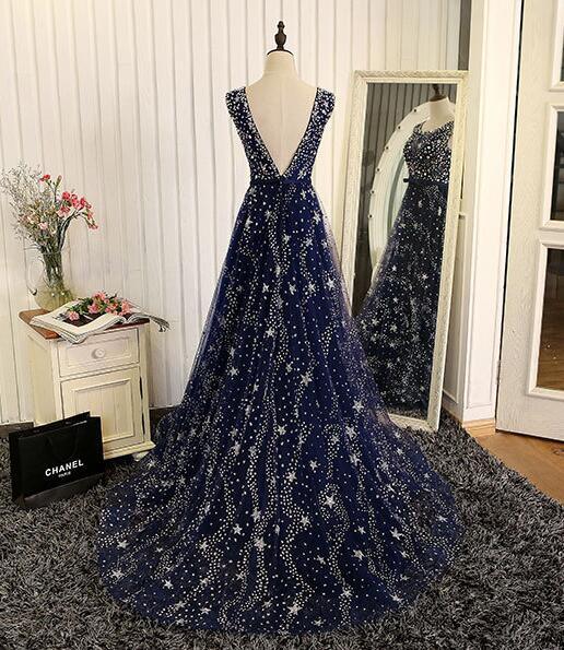 Vestido largo de fiesta de tul azul marino con espalda en V, vestidos de graduación, vestidos de dama de honor de corte A azules