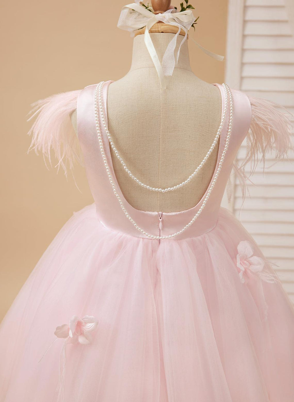 Vestido de princesa sin mangas de tul para niña de las flores con cuentas y lazo de plumas (010224704) 