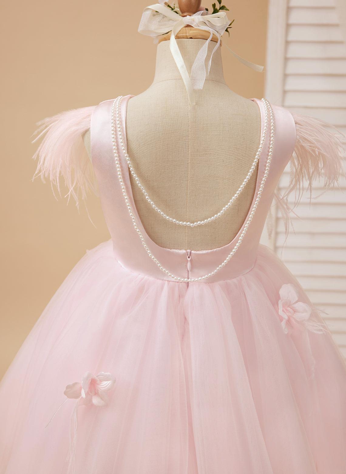 Vestido de princesa sin mangas de tul para niña de las flores con cuentas y lazo de plumas (010224704) 