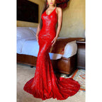 V-Neck Spaghetti Straps Sequined Mermaid Long Prom Gown