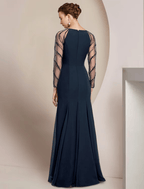 heath / Column Mother of the Bride Dress Wedding Guest Vintage Elegant V Neck Floor Length Chiffon Long Sleeve with Pleats Sequin