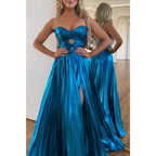 Vestido de noche para fiesta de graduación, sin mangas, corte A y abertura lateral con escote en forma de corazón 
