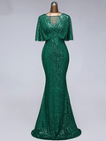 Vestidos de fiesta de sirena/trompeta, vestido brillante, para invitada de boda, largo hasta el suelo, media manga, cuello ilusión, lentejuelas con volantes de lentejuelas
