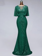 Vestidos de fiesta de sirena/trompeta, vestido brillante, para invitada de boda, largo hasta el suelo, media manga, cuello ilusión, lentejuelas con volantes de lentejuelas