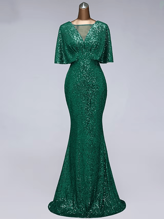 Vestidos de fiesta de sirena/trompeta, vestido brillante, para invitada de boda, largo hasta el suelo, media manga, cuello ilusión, lentejuelas con volantes de lentejuelas