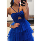Tüll A-Linie Neckholder Empire Stufenkleid mit Schleppe Party Ball Abendkleid 