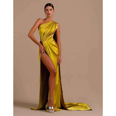 Unique One Shoulder High Split Long Formal Party Dress