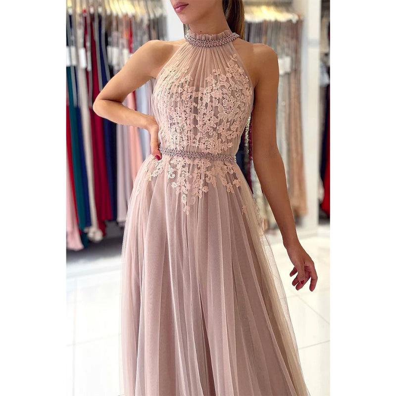 Vestido de noche formal de tul elegante con apliques de encaje y escote alto único 