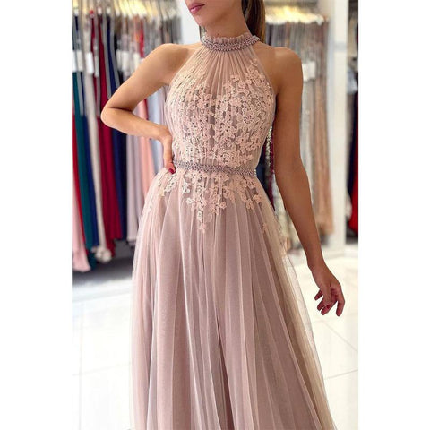 Unique High Neckline Lace Appliques Elegant Tulle Formal Evening Dress