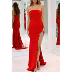 Vestido de noche para fiesta, graduación, sin tirantes, ajustado, con abertura lateral y flecos de cuentas 