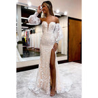 Vestido de fiesta de encaje exquisito con escote en V pronunciado y mangas 