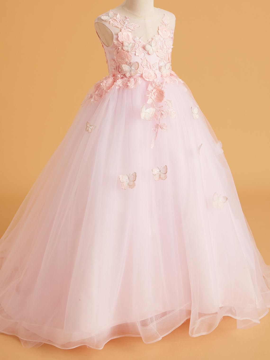 Vestido rosa con cola larga y tul de encaje (2003227825) 