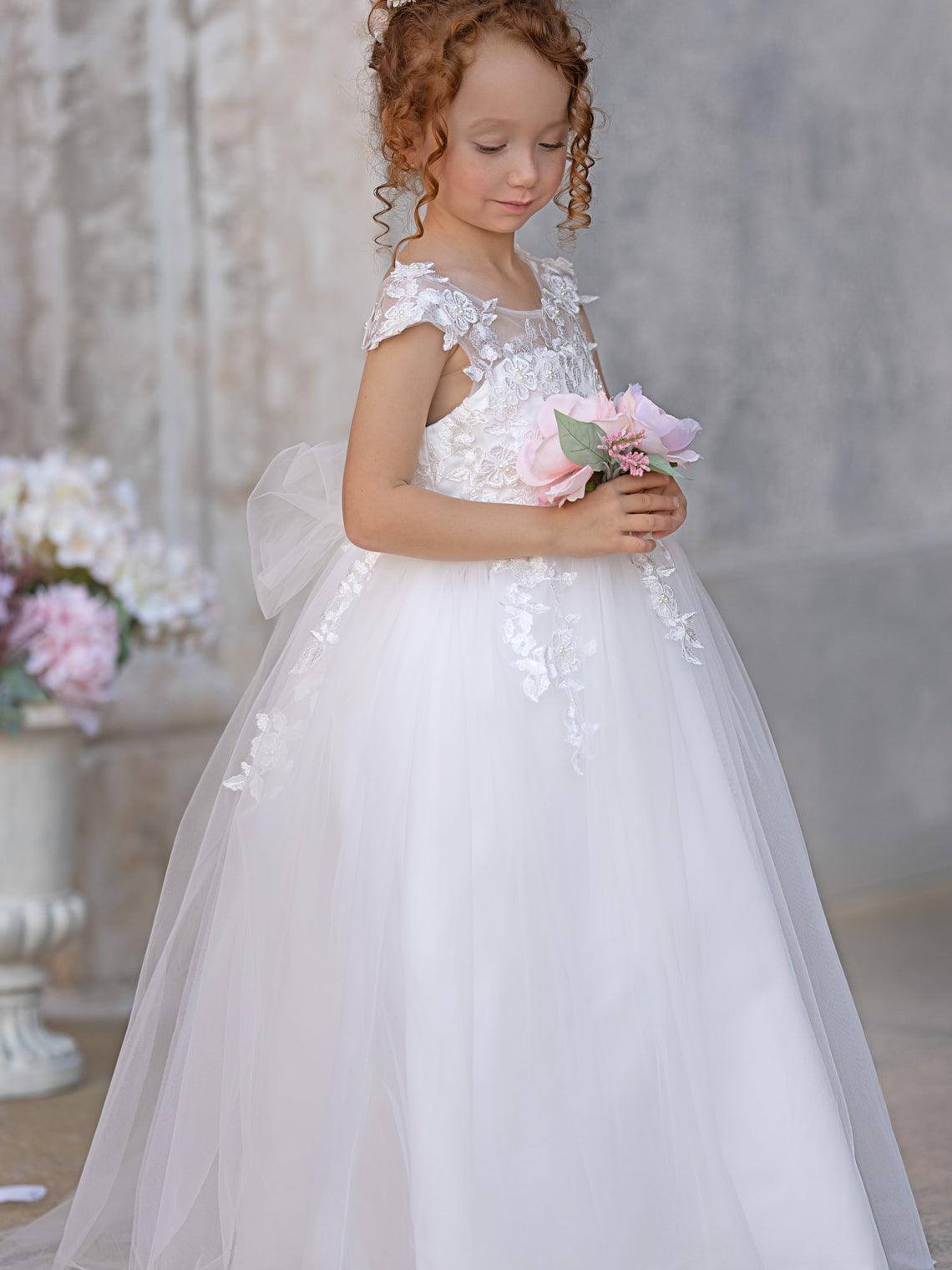 Vestido de princesa color marfil con apliques de encaje y lazo de tul | Vestido de niña de las flores de tul con mangas cortas y largo hasta los tobillos 