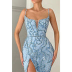 Plunging V-neck Beads Side Slit Sparkly Prom Dress