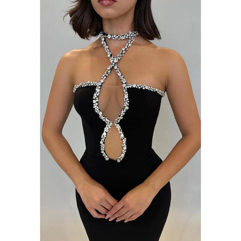 Sexy Rhinestone Halter Sleeveless Evening Party Prom Dress