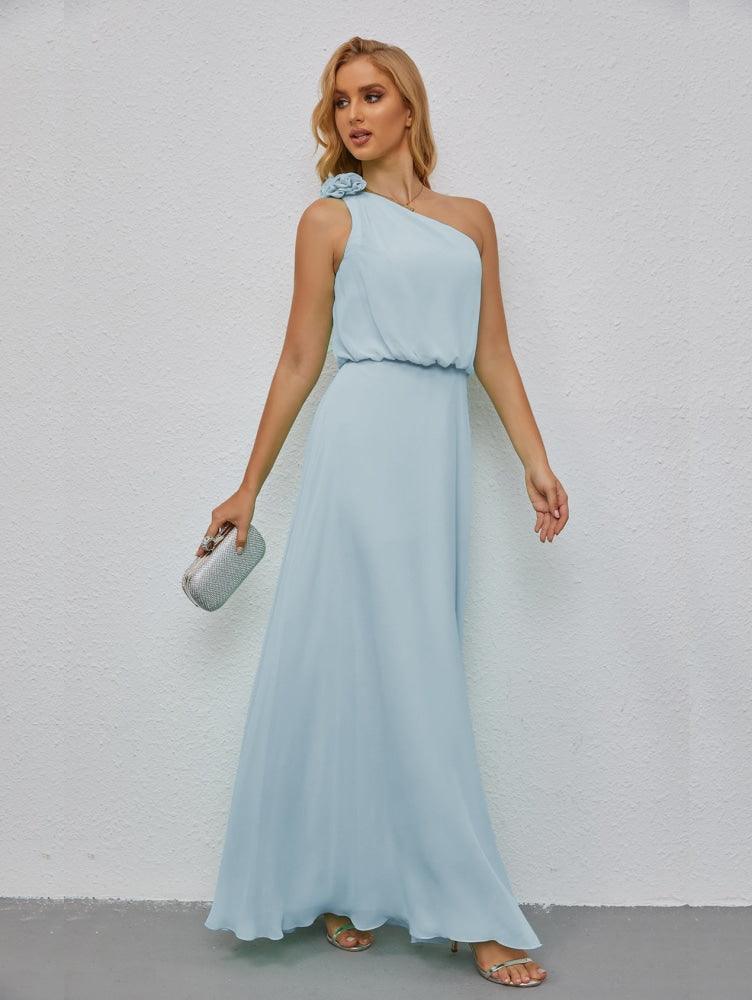 Ruffled One Shoulder Sleeveless Long Bridesmaid Dresses A-line Formal Evening Gown Side Split 28080-numbersea