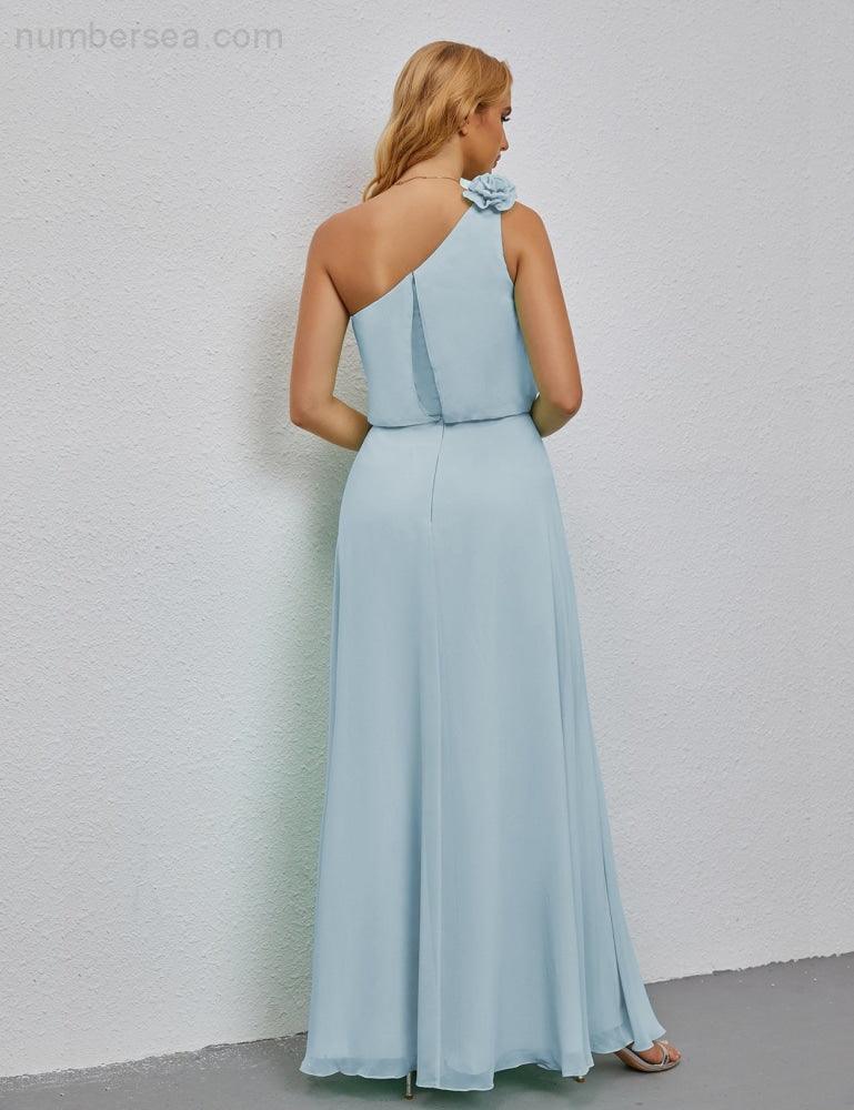Ruffled One Shoulder Sleeveless Long Bridesmaid Dresses A-line Formal Evening Gown Side Split 28080-numbersea