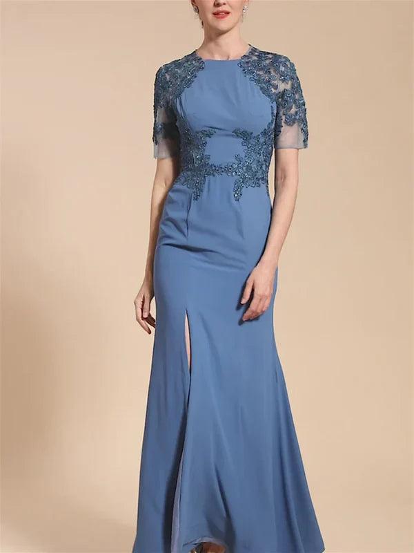 Vestidos de madre de la novia, corte trompeta, mangas cortas, largo hasta el tobillo con abertura