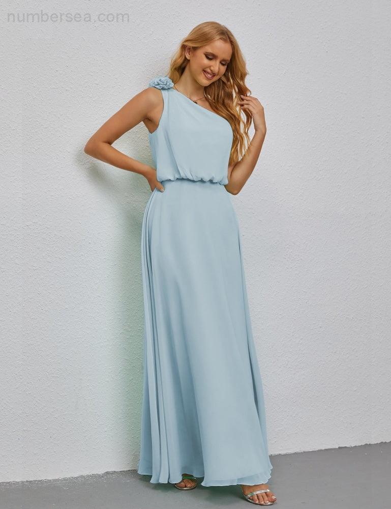 Ruffled One Shoulder Sleeveless Long Bridesmaid Dresses A-line Formal Evening Gown Side Split 28080-numbersea
