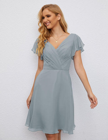 Numbersea Chiffon Bridesmaid Dress V Neck Short Cocktail Gowns For Juniors Homecoming Dresses 28077