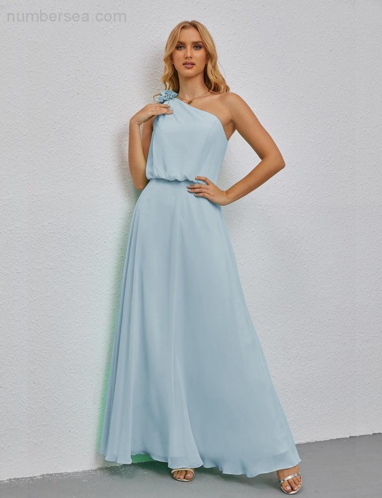 Ruffled One Shoulder Sleeveless Long Bridesmaid Dresses A-line Formal Evening Gown Side Split 28080-numbersea
