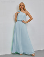Ruffled One Shoulder Sleeveless Long Bridesmaid Dresses A-line Formal Evening Gown Side Split 28080-numbersea