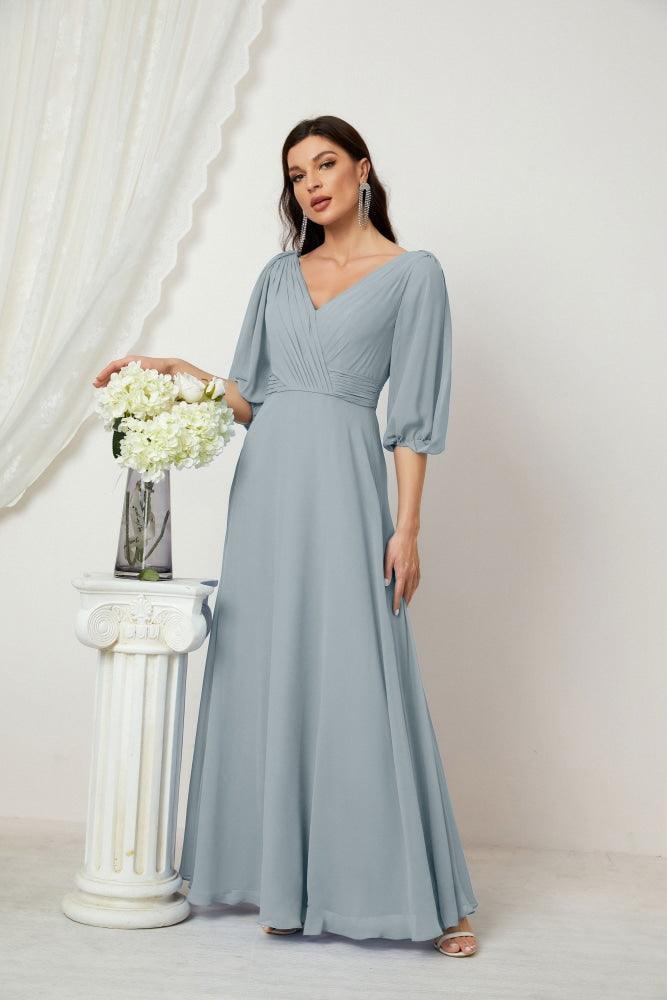 Numbersea Formal Prom Gown Women V-Neck Chiffon Bridesmaid Dresses Long Bishop Sleeve Party Dress 2807-numbersea