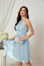 Halter Bridesmaid Dresses Knee Length A Line Formal Evening Party Cocktail Dress 28011 Dusty Blue