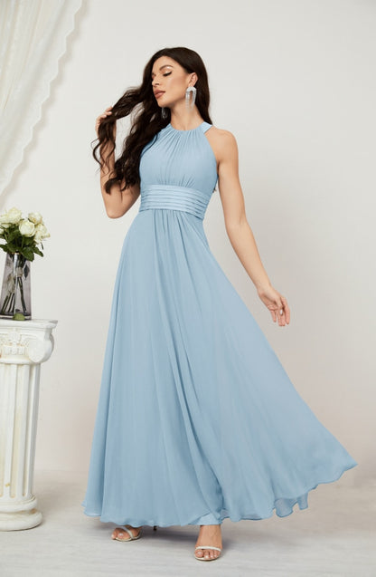 Numbersea Formal Party Gown Dress Chiffon Halter Long Sleeveless Bridesmaid Dresses 2802 Dusty Blue