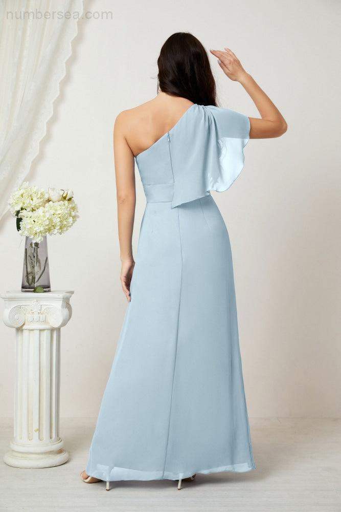 Numbersea Chiffon Ruffled One Shoulder Long Bridesmaid Dresses A-line Formal Evening Gown Side Split 2809-numbersea
