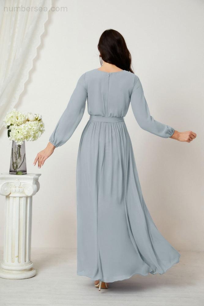 Numbersea Evening Dresses Deep V-Neck Chiffon Bridesmaid Dresses Long Bishop Sleeve Side Split Formal Dress 2806-numbersea