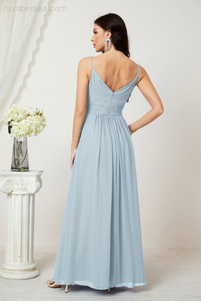 Numbersea Chiffon V-Neck Bridesmaid Dress Spaghetti Strap Long Formal Party Prom Gowns with Slit 28010-numbersea