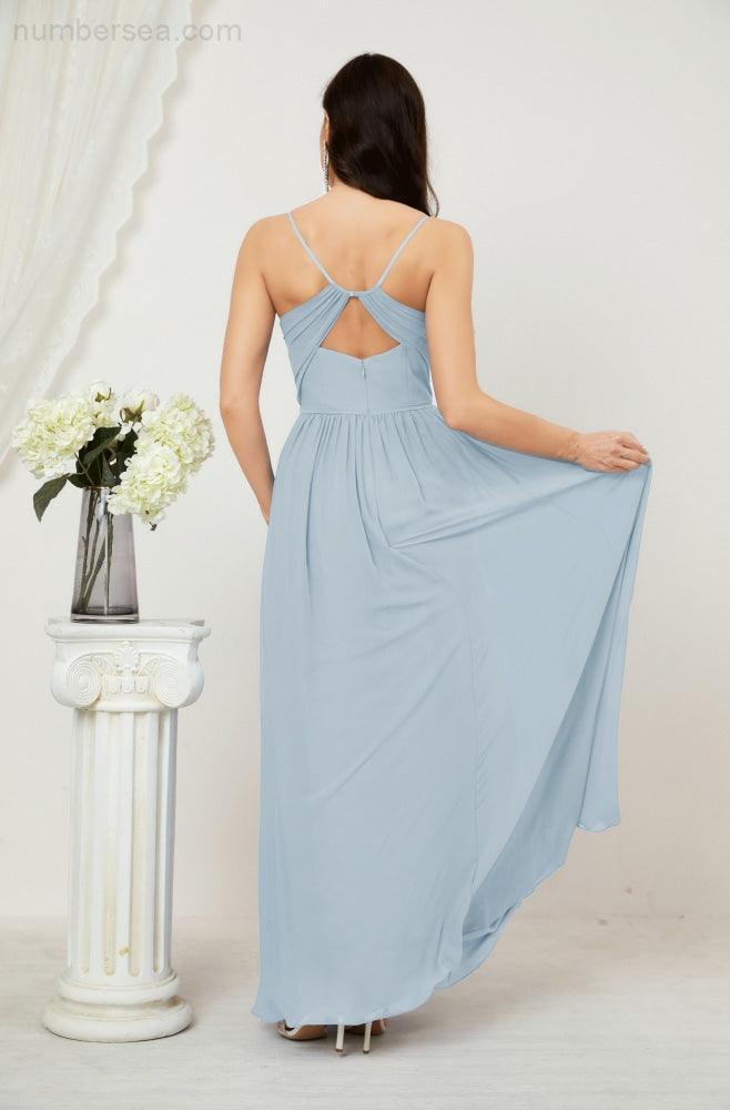 Numbersea Neck Bridesmaid Dresses Chiffon Long Spaghetti A-line Formal Prom Gown for Wedding Party Evening 2801-numbersea