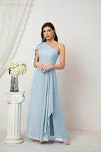 Numbersea Chiffon Ruffled One Shoulder Long Bridesmaid Dresses A-line Formal Evening Gown Side Split 2809-numbersea