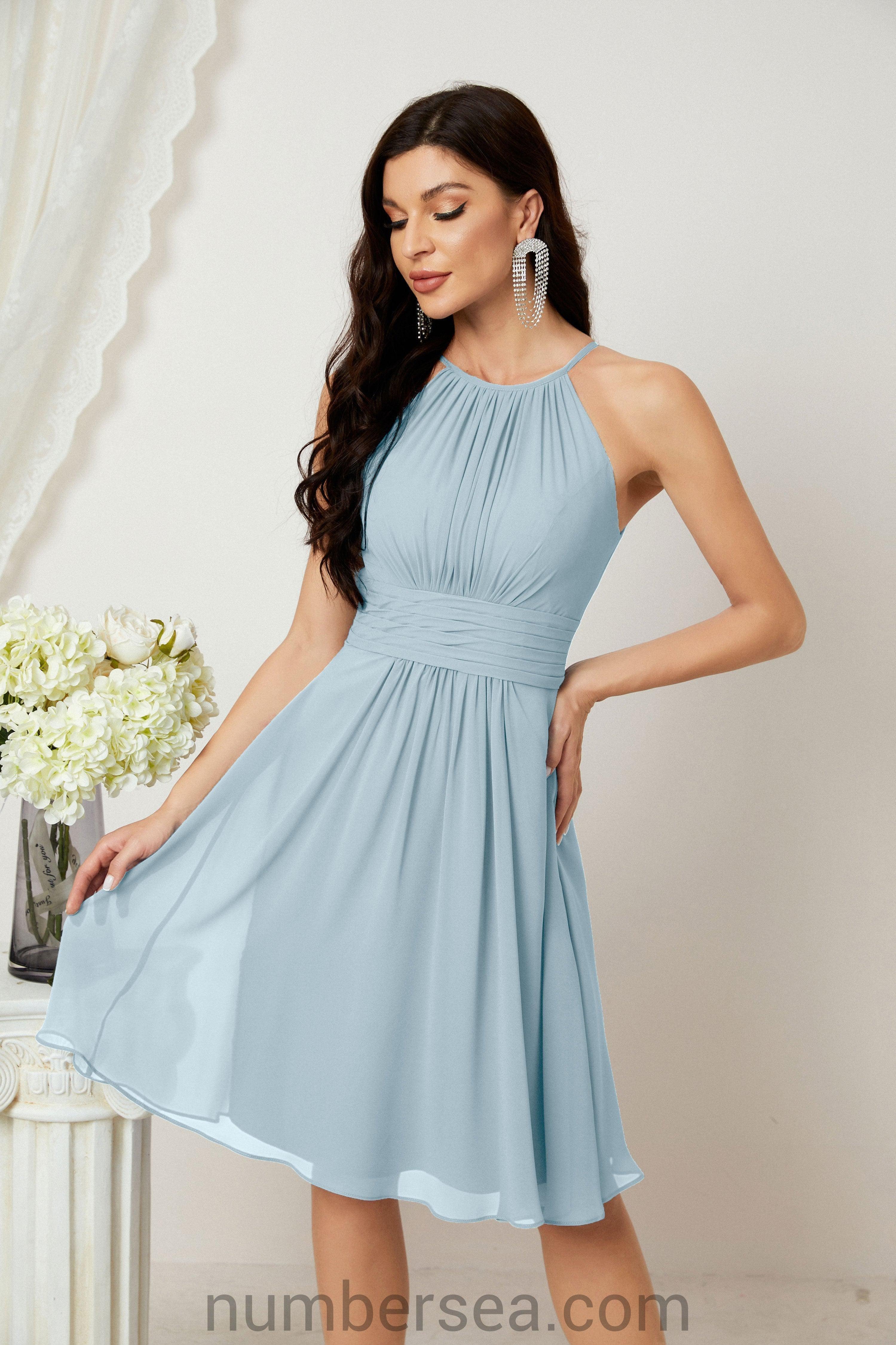 Halter Bridesmaid Dresses Knee Length A Line Formal Evening Party Cocktail Dress 28011