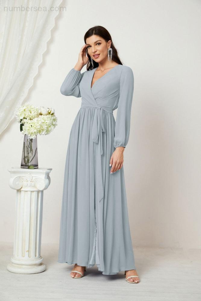 Numbersea Evening Dresses Deep V-Neck Chiffon Bridesmaid Dresses Long Bishop Sleeve Side Split Formal Dress 2806-numbersea
