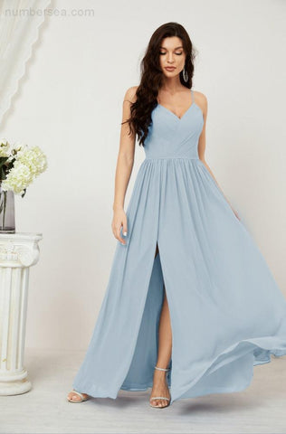 Numbersea Neck Bridesmaid Dresses Chiffon Long Spaghetti A-line Formal Prom Gown for Wedding Party Evening 2801-numbersea
