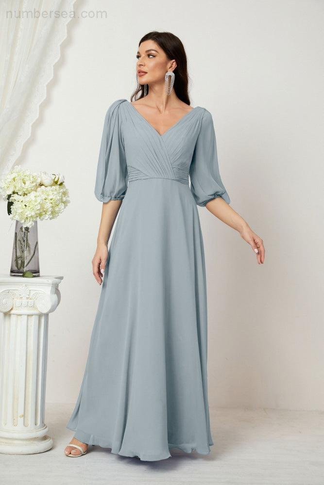 Numbersea Formal Prom Gown Women V-Neck Chiffon Bridesmaid Dresses Long Bishop Sleeve Party Dress 2807-numbersea