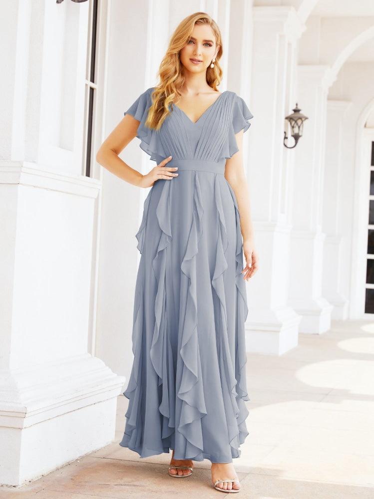 Ruffled Bridesmaid Dresses with Sleeves Long Formal Party Dress 28041-numbersea