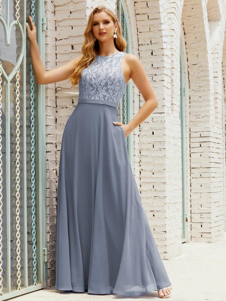 Lace Bridesmaid Dress Floor Length Evening Gowns with Pockets 28017-numbersea