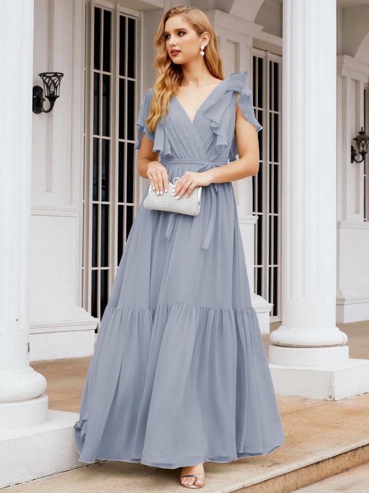 Numbersea Women's Open Back Formal Evening Party Prom Gowns V-Neck Long Chiffon Bridesmaid Dresses with Waist Belt 28038-numbersea