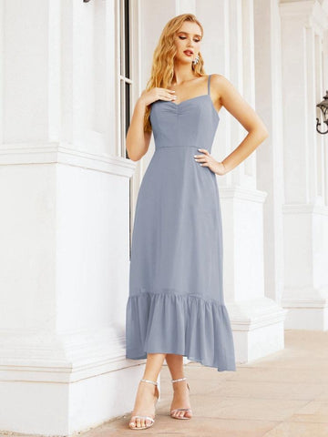 Numbersea Women Strap Chiffon Bridesmaid Dress Ankle Length Sleeveless Blackless Ruffle A Line