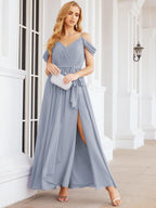 Numbersea Off The Shoulder Chiffon Bridesmaid Dress Long Formal Graduation Gown with Cowl Back 28069-numbersea