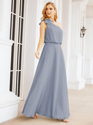 Numbersea Chiffon Ruffled One Shoulder Sleeveless Long Bride Dresses A-line Formal Evening Gown Side Split 28057-numbersea