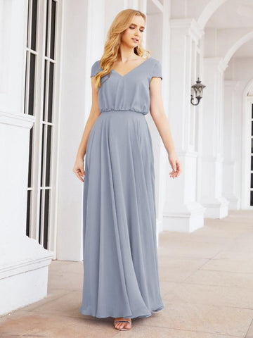 Numbersea V-Neck Bridesmaid Dresses Long Cap Sleeves Prom Evening Formal Gowns 28071-numbersea